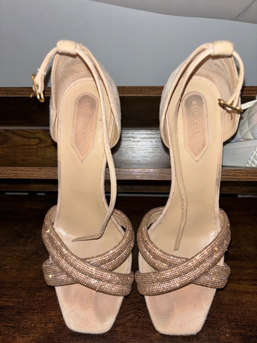 ELIE SAAB Elegant Women's Ankle-Strap Heels in Blush with Sparkle